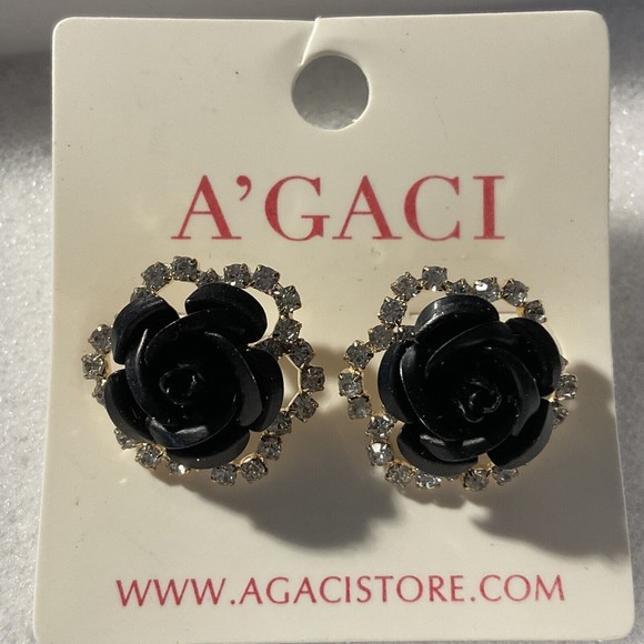 A'GACI Black Rose And Rhinestone Earrings Gothic Formal - Picture 3 of 3